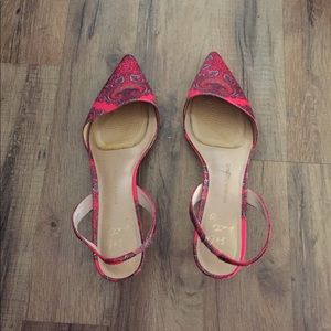 Well loved cute red paisley sling backs
